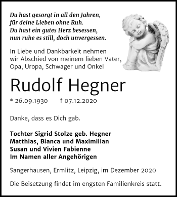Traueranzeige von Rudolf Hegner von Super Sonntag Sangerhausen