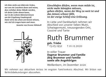 Traueranzeige von Ruth Brummer von Wochenspiegel Zeitz