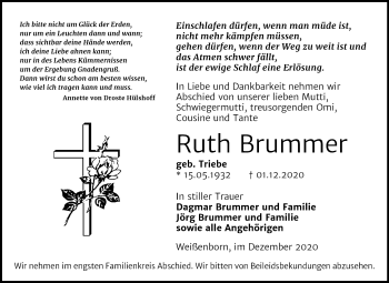 Traueranzeige von Ruth Brummer von Mitteldeutsche Zeitung Zeitz