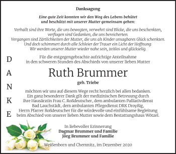 Traueranzeige von Ruth Brummer von Mitteldeutsche Zeitung Zeitz
