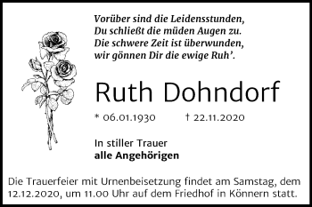Traueranzeige von Ruth Dohndorf von Super Sonntag Bernburg