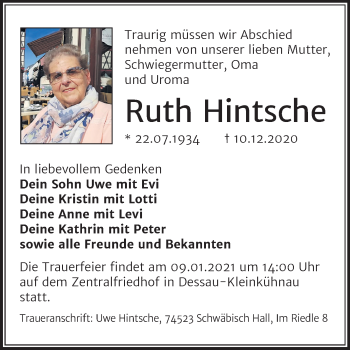 Traueranzeige von Ruth Hintsche von Mitteldeutsche Zeitung Dessau-Roßlau
