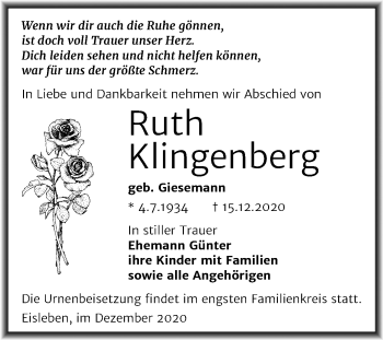 Traueranzeige von Ruth Klingenberg von Mitteldeutsche Zeitung Mansfelder Land