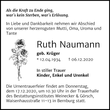 Traueranzeige von Ruth Naumann von Mitteldeutsche Zeitung Bernburg