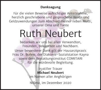 Traueranzeige von Ruth Neubert von Mitteldeutsche Zeitung Zeitz