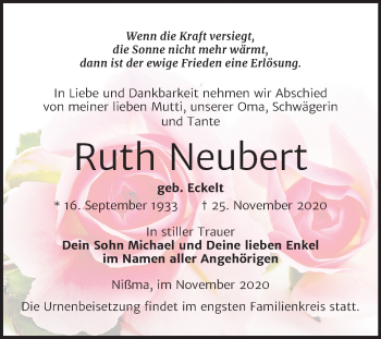 Traueranzeige von Ruth Neubert von Mitteldeutsche Zeitung Zeitz