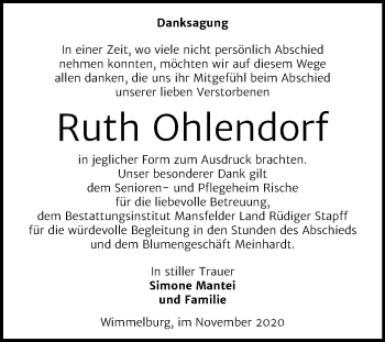 Traueranzeige von Ruth Ohlendorf von Wochenspiegel Mansfelder Land