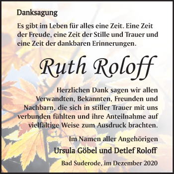 Traueranzeige von Ruth Roloff von Mitteldeutsche Zeitung Quedlinburg
