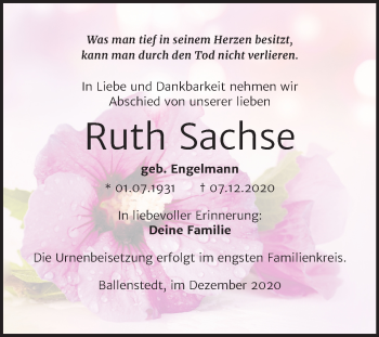 Traueranzeige von Ruth Sachse von Mitteldeutsche Zeitung Quedlinburg