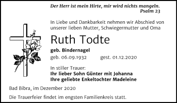 Traueranzeige von Ruth Todte von Wochenspiegel Naumburg/Nebra