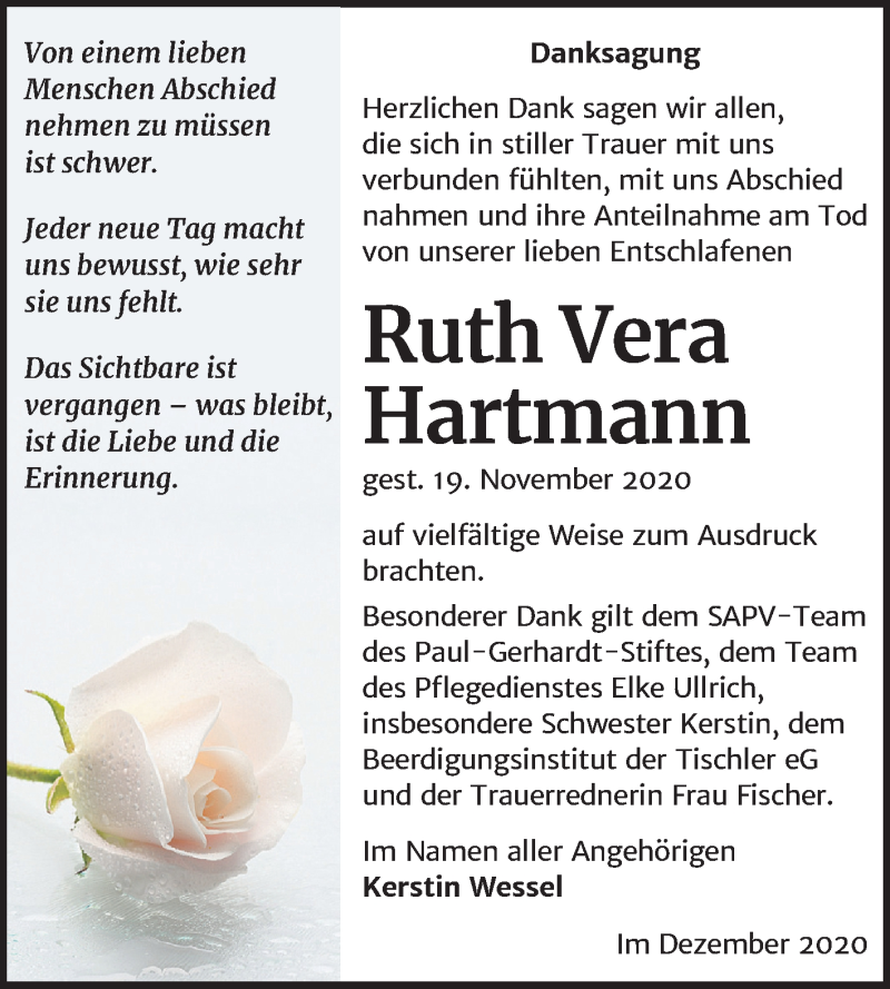  Traueranzeige für Ruth Vera Hartmann vom 12.12.2020 aus Mitteldeutsche Zeitung Wittenberg