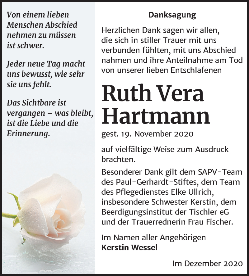  Traueranzeige für Ruth Vera Hartmann vom 12.12.2020 aus Super Sonntag Wittenberg