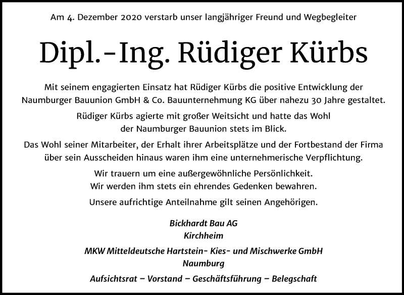  Traueranzeige für Rüdiger Kürbs vom 10.12.2020 aus Mitteldeutsche Zeitung Naumburg/Nebra