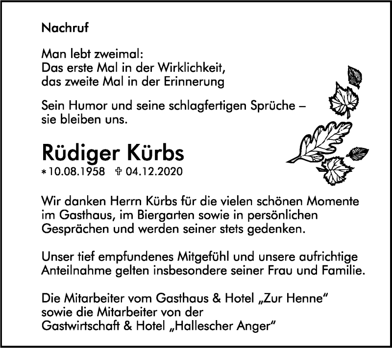  Traueranzeige für Rüdiger Kürbs vom 10.12.2020 aus Mitteldeutsche Zeitung Naumburg/Nebra