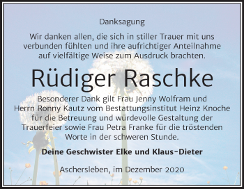 Traueranzeige von Rüdiger Raschke von Mitteldeutsche Zeitung Aschersleben