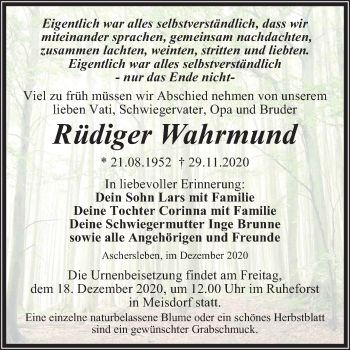 Traueranzeige von Rüdiger Wahrmund von Mitteldeutsche Zeitung Aschersleben