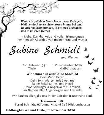 Traueranzeige von Sabine Schmidt von Mitteldeutsche Zeitung Quedlinburg
