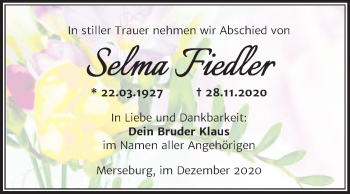 Traueranzeige von Selma Fiedler von Mitteldeutsche Zeitung Merseburg/Querfurt