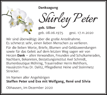 Traueranzeige von Shirley Peter von Mitteldeutsche Zeitung Merseburg/Querfurt