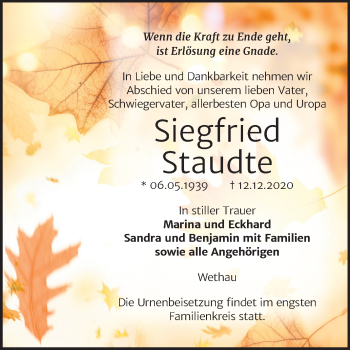 Traueranzeige von Siegfried Staudte von Mitteldeutsche Zeitung Naumburg/Nebra