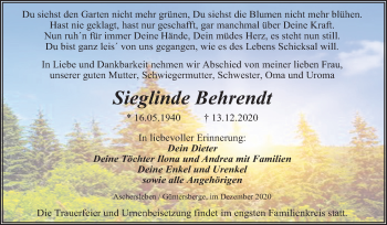Traueranzeige von Sieglinde Behrendt von Super Sonntag Aschersleben / Quedlinburg