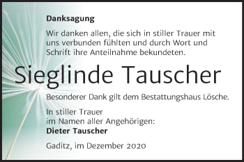 Traueranzeige von Sieglinde Tauscher von Mitteldeutsche Zeitung Wittenberg