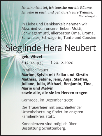 Traueranzeige von Sieglinde Hera Neubert von Mitteldeutsche Zeitung Quedlinburg