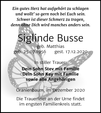 Traueranzeige von Siglinde Busse von Mitteldeutsche Zeitung Wittenberg