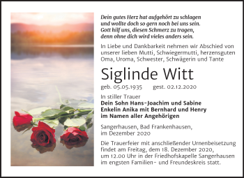 Traueranzeige von Siglinde Witt von Mitteldeutsche Zeitung Sangerhausen