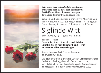 Traueranzeige von Siglinde Witt von Super Sonntag Sangerhausen