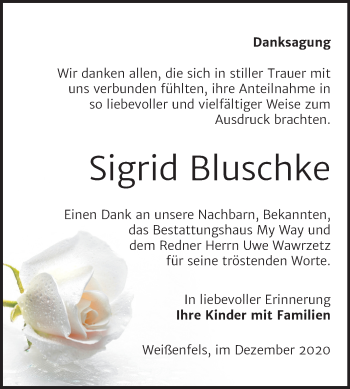Traueranzeige von Sigrid Bluschke von Wochenspiegel Weißenfels