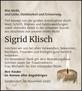 Traueranzeige von Sigrid Klisch von Wochenspiegel Bitterfeld