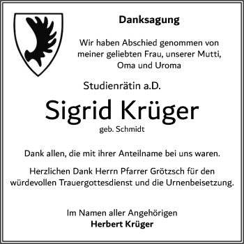 Traueranzeige von Sigrid Krüger von Mitteldeutsche Zeitung Dessau-Roßlau