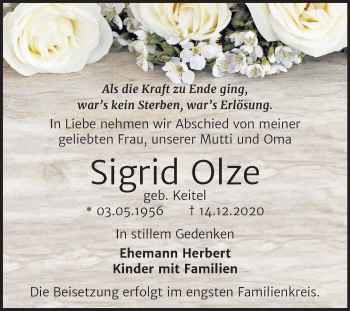 Traueranzeige von Sigrid Olze von Super Sonntag Bernburg