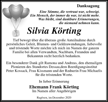Traueranzeige von Silvia Körting von Mitteldeutsche Zeitung Dessau-Roßlau / Wittenberg