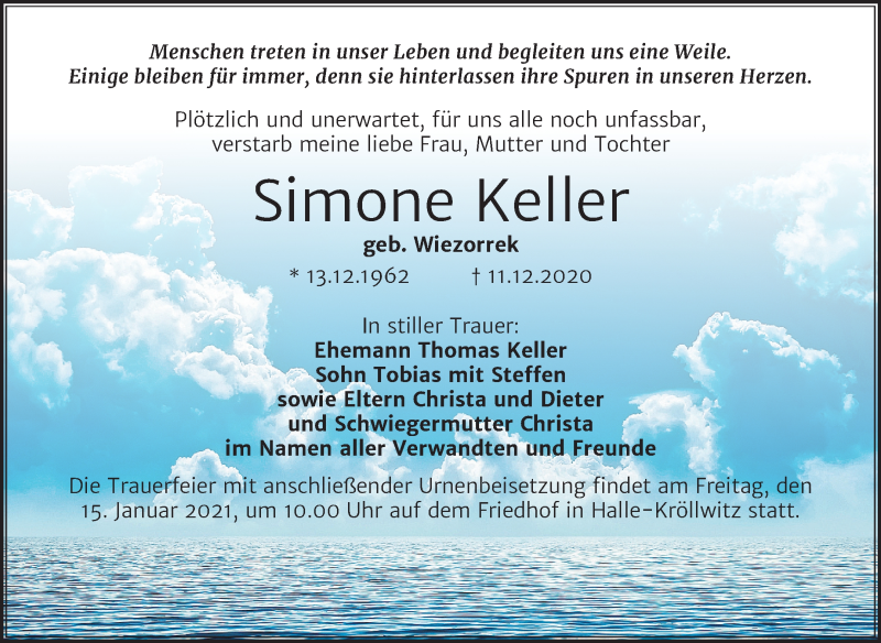  Traueranzeige für Simone Keller vom 19.12.2020 aus Mitteldeutsche Zeitung Halle/Saalkreis / Merseburg/Querfurt
