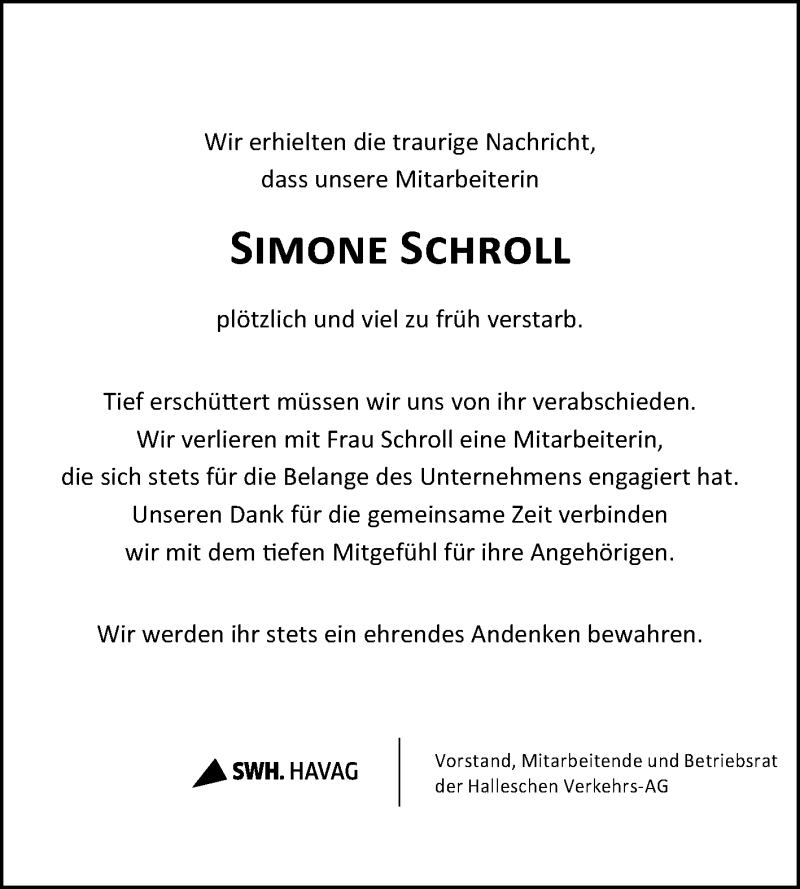  Traueranzeige für Simone Schroll vom 29.12.2020 aus Mitteldeutsche Zeitung Halle/Saalkreis