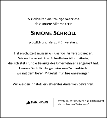 Traueranzeige von Simone Schroll von Mitteldeutsche Zeitung Halle/Saalkreis
