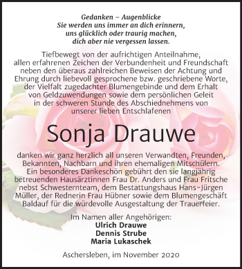 Traueranzeige von Sonja Drauwe von Super Sonntag Aschersleben