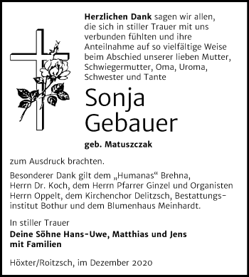 Traueranzeige von Sonja Gebauer von Wochenspiegel Bitterfeld