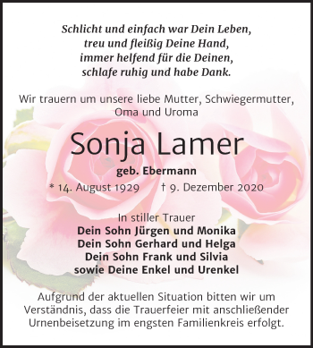 Traueranzeige von Sonja Lamer von Wochenspiegel Bitterfeld