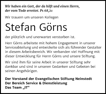 Traueranzeige von Stefan Görns von Mitteldeutsche Zeitung Quedlinburg