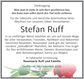 Traueranzeige von Stefan Ruff von Mitteldeutsche Zeitung Mansfelder Land