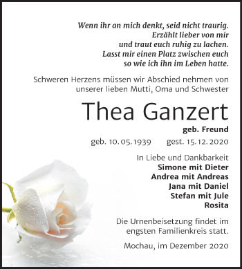 Traueranzeige von Thea Ganzert von Mitteldeutsche Zeitung Wittenberg
