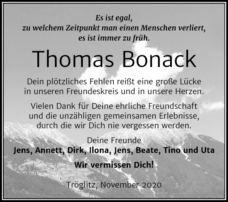  Traueranzeige für Thomas Bonack vom 05.12.2020 aus Super Sonntag Zeitz