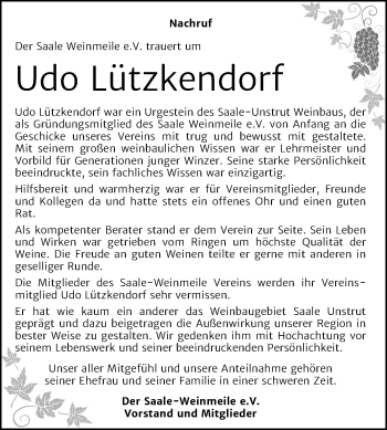 Traueranzeige von Udo Lützkendorf von Mitteldeutsche Zeitung Naumburg/Nebra