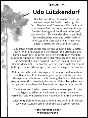 Traueranzeige von Udo Lützkendorf von Mitteldeutsche Zeitung Merseburg/Querfurt / Naumburg/Nebra