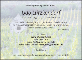 Traueranzeige von Udo Lützkendorf von Mitteldeutsche Zeitung Naumburg/Nebra