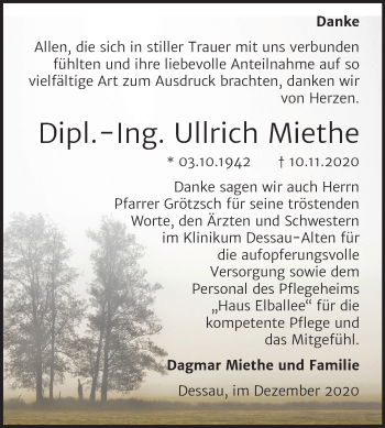 Traueranzeige von Ullrich Miethe von Mitteldeutsche Zeitung Dessau-Roßlau