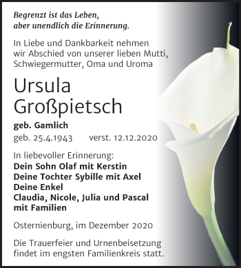Traueranzeige von Ursula Großpietsch von Super Sonntag Köthen